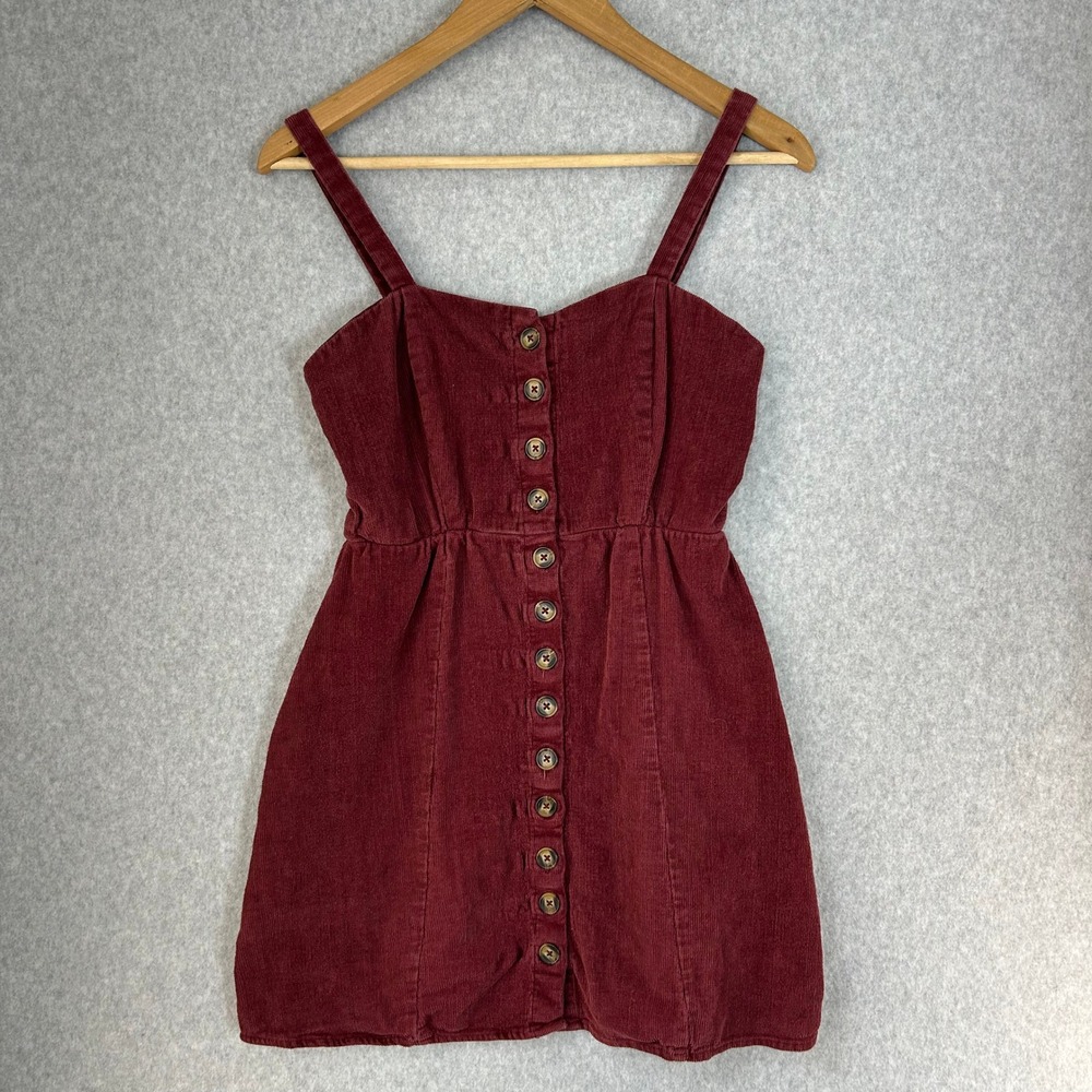 Socialite Burgundy Corduroy Button Down Mini Dress Sleeveless Wine Red Medium